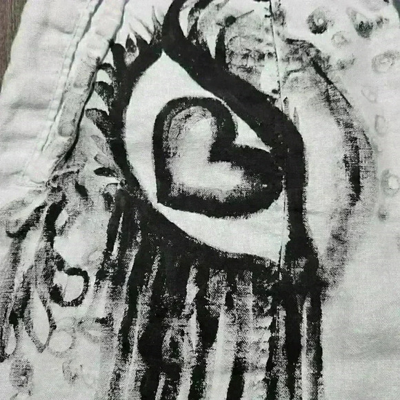 Crazy In Love heart eyes design hand-painted baby blue 100%  linen cargo pants - Picture 12 of 16